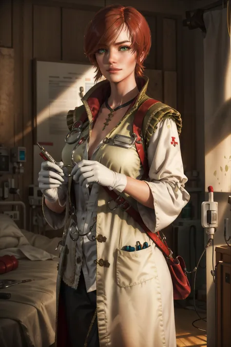 (masterpiece, top quality, best quality, official art, detailed:1.2), <lora:shaniW3:0.7>, shaniW3, green eyes, doctor, gloves, labcoat, hospital, indoors