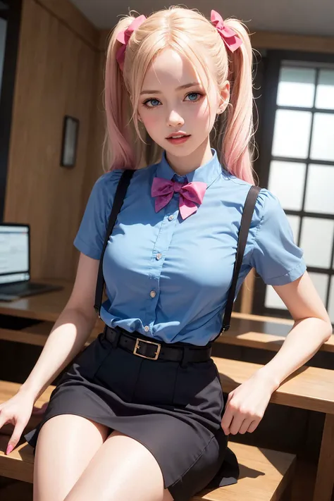 1girl, twintails, multicolored hair, hair over one eye, x hair ornament, hair ornament, blue eyes, blue hair, smile, bow, pink hair, blonde hair, solo, looking at viewer, yellow bow, indoors, heart, makeup, skirt, selfie, phone, dress, teeth, hairclip, monitor, reaching towards viewer, long hair, bangs, short sleeves, pink nails, bowtie, suspenders, yellow bowtie, hair tie, open mouth, computer, stuffed toy, sitting, shirt, livestream, belt, quad tails, pill, v,sparkle,violet lighting,,the most beautiful form of chaos, elegant, a brutalist designed, vivid colours, romanticism, atmospheric, (RAW photo, best quality), (realistic, photo-realistic:1.3), masterpiece, an extremely delicate and beautiful, extremely detailed,, (floating colorful {wind|water magic|ink|crystals|fire|ice|flame|lightning|web|rocks|sand|particles|sparkles|blood}:1),