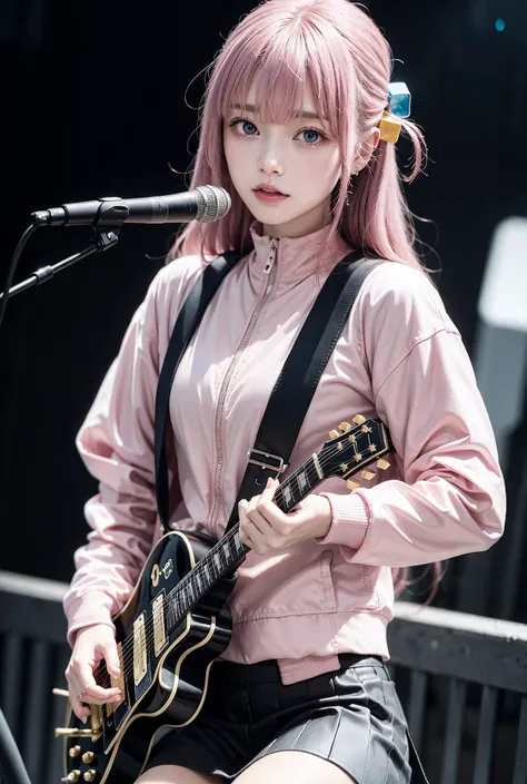 (8k, RAW photo, highly sensitive, best quality, masterpiece, ultra high res, photorealistic:1.25), black background, black skirt, blue eyes, cube hair ornament, electric guitar, gibson les paul, guitar, hair between eyes, hair ornament, holding instrument, instrument, jacket, light particles, long hair, long sleeves, looking at object, close mouth, pink hair, ((pink school jacket)), close jacket, playing instrument, spotlight, track jacket, <lora:hitoriGotohBocchiThe_v1:0.9><lora:Korean-doll-likeness:0.2> <lora:Japanese-doll-likeness:0.3>