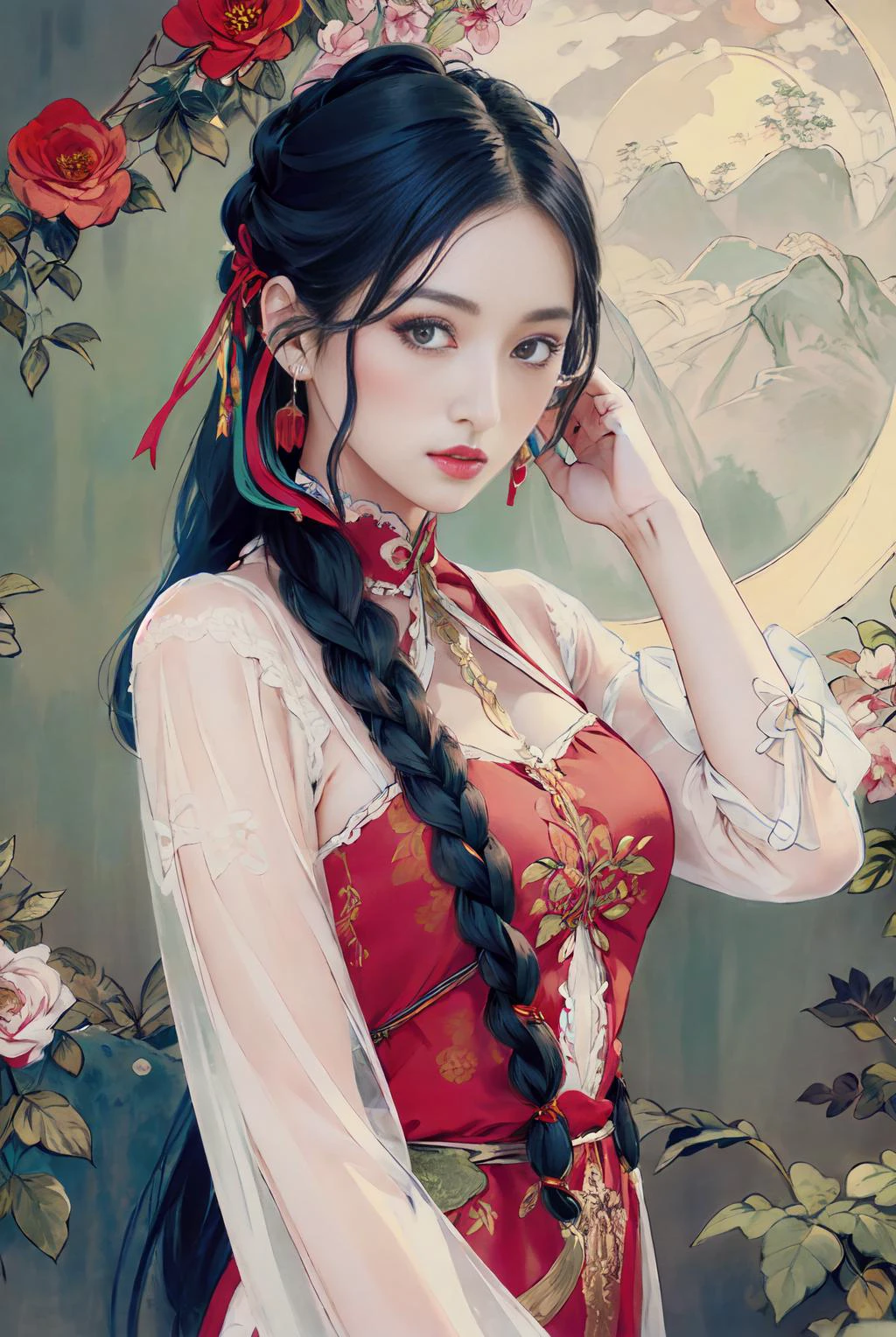 low-braided long hair, very long hair, hair tucking, hand in hair, hair ribbon, braided tail, black hair, red eyes, red halter dress, lace,
moon, flowers,
(illustration), (masterpiece), (colorful:1.2), clear sharp focus, portrait, retro artstyle, tranditional media, detailed, xiaorenshu,
<lora:Xiaorenshu_v20:1:NFV2>