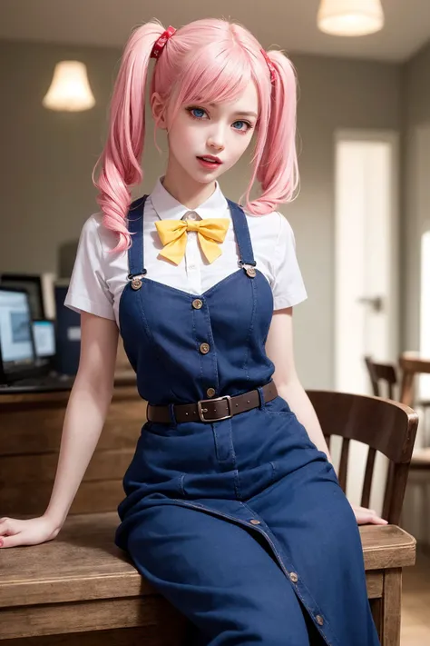 1girl, twintails, multicolored hair, hair over one eye, x hair ornament, hair ornament, blue eyes, blue hair, smile, bow, pink hair, blonde hair, solo, looking at viewer, yellow bow, indoors, heart, makeup, skirt, selfie, phone, dress, teeth, hairclip, monitor, reaching towards viewer, long hair, bangs, short sleeves, pink nails, bowtie, suspenders, yellow bowtie, hair tie, open mouth, computer, stuffed toy, sitting, shirt, livestream, belt, quad tails, pill, v,sparkle,violet lighting,,the most beautiful form of chaos, elegant, a brutalist designed, vivid colours, romanticism, atmospheric, (RAW photo, best quality), (realistic, photo-realistic:1.3), masterpiece, an extremely delicate and beautiful, extremely detailed,, (floating colorful {wind|water magic|ink|crystals|fire|ice|flame|lightning|web|rocks|sand|particles|sparkles|blood}:1),