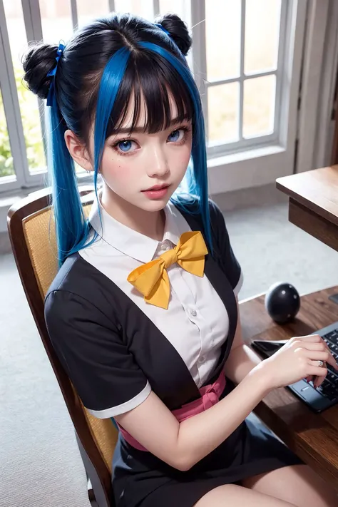 1girl, twintails, multicolored hair, hair over one eye, x hair ornament, hair ornament, blue eyes, blue hair, smile, bow, pink hair, blonde hair, solo, looking at viewer, yellow bow, indoors, heart, makeup, skirt, selfie, phone, dress, teeth, hairclip, monitor, reaching towards viewer, long hair, bangs, short sleeves, pink nails, bowtie, suspenders, yellow bowtie, hair tie, open mouth, computer, stuffed toy, sitting, shirt, livestream, belt, quad tails, pill, v,sparkle,violet lighting,,the most beautiful form of chaos, elegant, a brutalist designed, vivid colours, romanticism, atmospheric, (RAW photo, best quality), (realistic, photo-realistic:1.3), masterpiece, an extremely delicate and beautiful, extremely detailed,, (floating colorful {wind|water magic|ink|crystals|fire|ice|flame|lightning|web|rocks|sand|particles|sparkles|blood}:1),