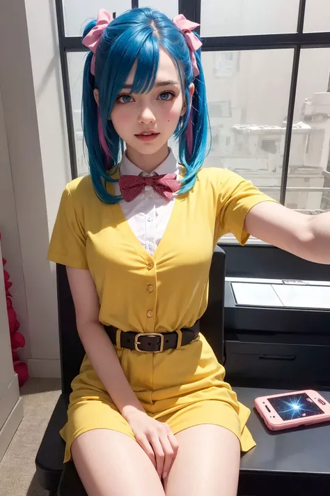 1girl, twintails, multicolored hair, hair over one eye, x hair ornament, hair ornament, blue eyes, blue hair, smile, bow, pink hair, blonde hair, solo, looking at viewer, yellow bow, indoors, heart, makeup, skirt, selfie, phone, dress, teeth, hairclip, monitor, reaching towards viewer, long hair, bangs, short sleeves, pink nails, bowtie, suspenders, yellow bowtie, hair tie, open mouth, computer, stuffed toy, sitting, shirt, livestream, belt, quad tails, pill, v,sparkle,violet lighting,,the most beautiful form of chaos, elegant, a brutalist designed, vivid colours, romanticism, atmospheric, (RAW photo, best quality), (realistic, photo-realistic:1.3), masterpiece, an extremely delicate and beautiful, extremely detailed,, (floating colorful {wind|water magic|ink|crystals|fire|ice|flame|lightning|web|rocks|sand|particles|sparkles|blood}:1),