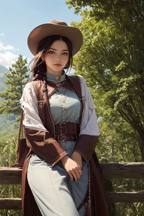 (best quality, masterpiece:1.2), 1 girl, woman, freckles, blue eyes, ginger fishtail braid, solo, half shot, looking at viewer, detailed background, detailed face, (frontier western theme:1.1), trapper, trapmaker, smirk, brown leather fringe leather clothing, belt, gritty, , seasoned, trappers hat, sitting, net, satchel, beads, frontier fort in background, surroundings, underbrush, dim light, fantasy frontier cinematic atmosphere,