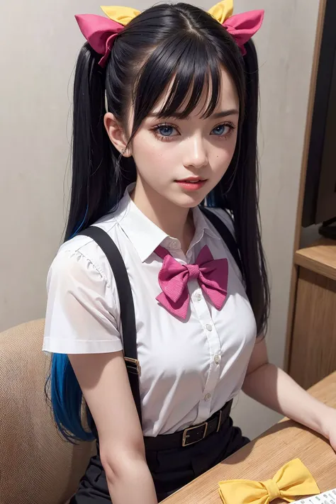 1girl, twintails, multicolored hair, hair over one eye, x hair ornament, hair ornament, blue eyes, blue hair, smile, bow, pink hair, blonde hair, solo, looking at viewer, yellow bow, indoors, heart, makeup, skirt, selfie, phone, dress, teeth, hairclip, monitor, reaching towards viewer, long hair, bangs, short sleeves, pink nails, bowtie, suspenders, yellow bowtie, hair tie, open mouth, computer, stuffed toy, sitting, shirt, livestream, belt, quad tails, pill, v,sparkle,violet lighting,,the most beautiful form of chaos, elegant, a brutalist designed, vivid colours, romanticism, atmospheric, (RAW photo, best quality), (realistic, photo-realistic:1.3), masterpiece, an extremely delicate and beautiful, extremely detailed,, (floating colorful {wind|water magic|ink|crystals|fire|ice|flame|lightning|web|rocks|sand|particles|sparkles|blood}:1),
