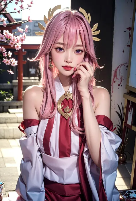 1girl, (ulzzang-6500:0.7), kpop idol, yae miko, large breasts, detached sleeves, bare shoulders, pink hair, long hair, open clothes, best quality, (painting:1.5), (hair ornament:1.35), jewelry, purple eyes, earrings, breasts, torii, cherry blossoms, lantern light, depth of field, detailed face, face focus, ribbon_trim,(looking at viewer:1.25), nontraditional miko, shiny skin, long sleeves, smile, thick lips, game cg, hands on lips, east asian architecture, (blurry background:1.2), sitting, upper body, <lora:yaeMikoRealistic_yaemikoMixed:0.65> <lora:Japanese-doll-likeness:0.2> <lora:Korean-doll-likeness:0.3>