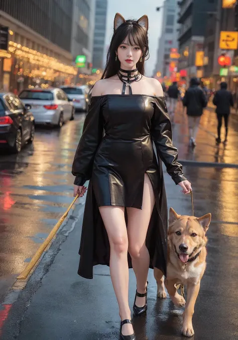 (8k, RAW photo, high sensitivity, best quality, masterpiece, super high resolution, realistic: 1.25), (full body, golden ratio, narrow waist, dog ears, rain, walk, city lights), (holding dog).<lora:tifaArsphere_mk02:0.2> <lora:yorBriarRealistic_v10:0.7>