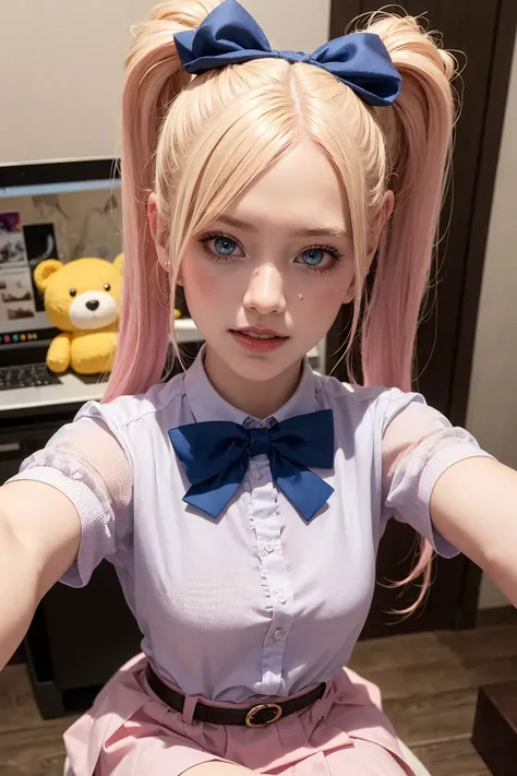 1girl, twintails, multicolored hair, hair over one eye, x hair ornament, hair ornament, blue eyes, blue hair, smile, bow, pink hair, blonde hair, solo, looking at viewer, yellow bow, indoors, heart, makeup, skirt, selfie, phone, dress, teeth, hairclip, monitor, reaching towards viewer, long hair, bangs, short sleeves, pink nails, bowtie, suspenders, yellow bowtie, hair tie, open mouth, computer, stuffed toy, sitting, shirt, livestream, belt, quad tails, pill, v,sparkle,violet lighting,,the most beautiful form of chaos, elegant, a brutalist designed, vivid colours, romanticism, atmospheric, (RAW photo, best quality), (realistic, photo-realistic:1.3), masterpiece, an extremely delicate and beautiful, extremely detailed,, (floating colorful {wind|water magic|ink|crystals|fire|ice|flame|lightning|web|rocks|sand|particles|sparkles|blood}:1),
