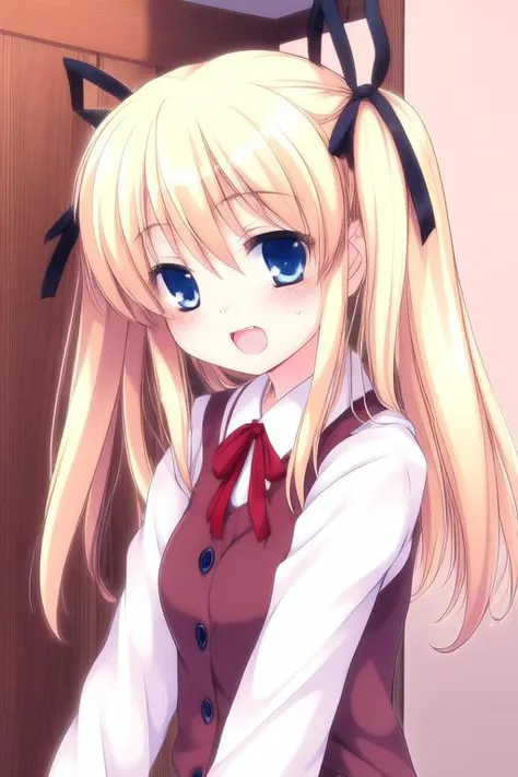 anime girl with long blonde hair and blue eyes in a school uniform