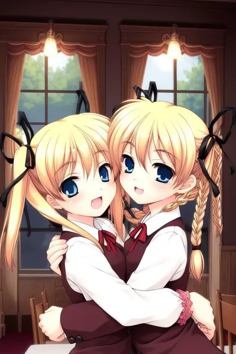 <lora:itsuki_and_imi:0.8>,itsuki_and_imi, multiple girls, 2girls, blonde hair, blue eyes, twins, siblings, braid, ribbon, twintails, hair ribbon, twin braids, sisters, open mouth, blush, smile, long hair, hug each other, room, table, window,
masterpiece, high quality, very_high_resolution, large_filesize, full color,