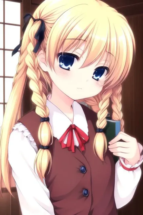 anime girl with long blonde hair and blue eyes holding a cup