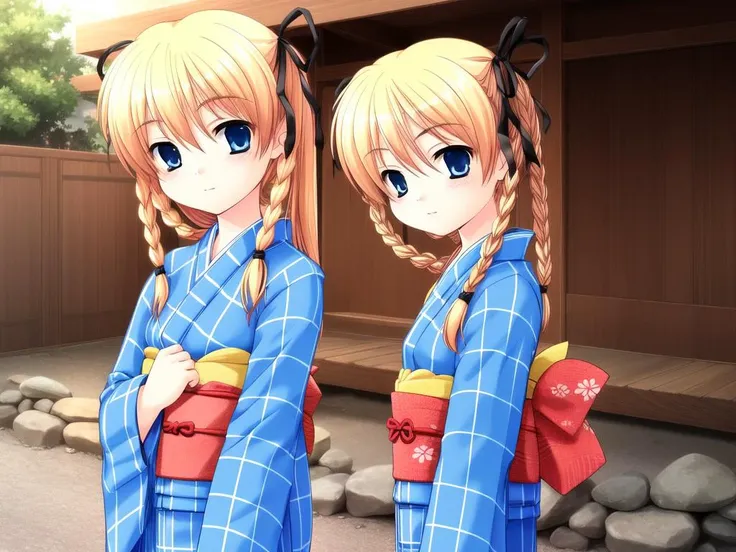 <lora:itsuki_and_imi:0.8>,  itsukiandimi, multiple girls, 2girls, twins, japanese clothes, siblings, blonde hair, braid, kimono, twintails, sisters, ribbon, blue eyes, twin braids, hair ribbon, blue kimono, sash, long hair, obi, yukata, long sleeves,
masterpiece, high quality, very_high_resolution, large_filesize, full color,