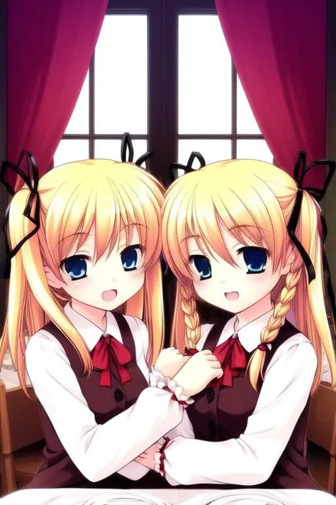 <lora:itsuki_and_imi:0.8>,itsuki_and_imi, multiple girls, 2girls, blonde hair, blue eyes, twins, siblings, braid, ribbon, twintails, hair ribbon, twin braids, sisters, open mouth, blush, smile, long hair, hug each other, room, table, window,
masterpiece, high quality, very_high_resolution, large_filesize, full color,