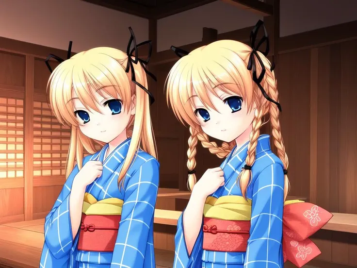 <lora:itsuki_and_imi:0.8>,  itsukiandimi, multiple girls, 2girls, twins, japanese clothes, siblings, blonde hair, braid, kimono, twintails, sisters, ribbon, blue eyes, twin braids, hair ribbon, blue kimono, sash, long hair, obi, yukata, long sleeves,
masterpiece, high quality, very_high_resolution, large_filesize, full color,