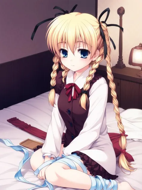 <lora:itsuki_and_imi:0.8>, itsukiandimi, 1girl, solo, braid, bed, twin braids, blue eyes, blonde hair, bandages, ribbon, long hair, hair ribbon,
masterpiece, high quality, very_high_resolution, large_filesize, full color,