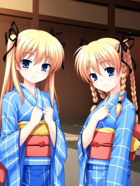 <lora:itsuki_and_imi:0.8>, ãitsukiandimi, multiple girls, 2girls, twins, japanese clothes, siblings, blonde hair, braid, kimono, twintails, sisters, ribbon, blue eyes, twin braids, hair ribbon, blue kimono, sash, long hair, obi, yukata, long sleeves,
masterpiece, high quality, very_high_resolution, large_filesize, full color,