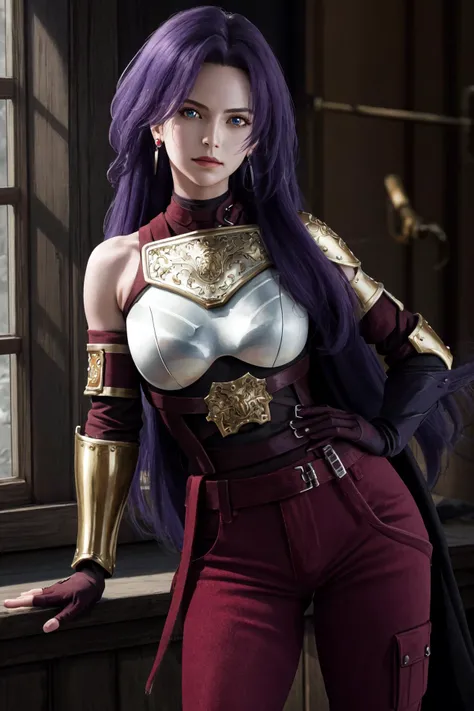 masterpiece, best quality, highres, 1girl earrings, hip vent fingerless gloves bare shoulders belt red pants breastplate <lora:arthur_pencilgon:1> photorealistic