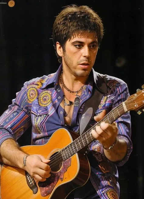 aps1 A charismatic and charismatic musician with a guitar in hand, lost in the rhythm of his music. The portrait should capture his passion and love for his craft. (Musical soul), (Artist inspiration: Chuck Close), (Dynamic and energetic), (Playful lighting and composition), (Expressive facial expressions), (Vibrant and bold colors), (Fine details in instrument and clothing), (Compelling and evocative).  <lora:AlPacinoScarface:1>