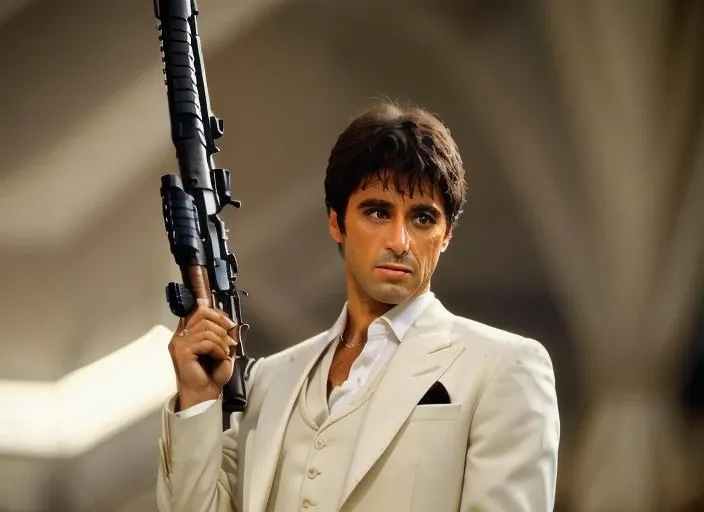 aps1, man, <lora:AlPacinoScarface:1> 1boy, assault_rifle, blurry, blurry_background, depth_of_field, formal, gloves, gun, handgun, holding_gun, male_focus, tuxedo, realistic, rifle, shotgun, solo, submachine_gun, suit, open_collar,, weapon , photorealistic, realistic, ring, shirt, solo, upper_body natural skin texture, 24mm, 4k textures, soft cinematic light, adobe lightroom, photolab, hdr, intricate, elegant, highly detailed, sharp focus, ((((cinematic look)))), soothing tones, insane details, intricate details, hyperdetailed, low contrast, soft cinematic light, dim colors, exposure blend, hdr, faded