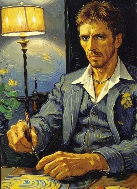 aps1 A contemplative and introspective artist with a paintbrush in hand, absorbed in the act of creation. The portrait should reflect his artistic spirit and creative energy. (Creative genius), (Artist inspiration: Vincent van Gogh), (Muted and moody lighting), (Expressive brushstrokes), (Harmonious color palette with pops of vivid tones), (Texture and depth in the artwork), (Emotionally evocative), (Compelling and thought-provoking). <lora:AlPacinoScarface:1>