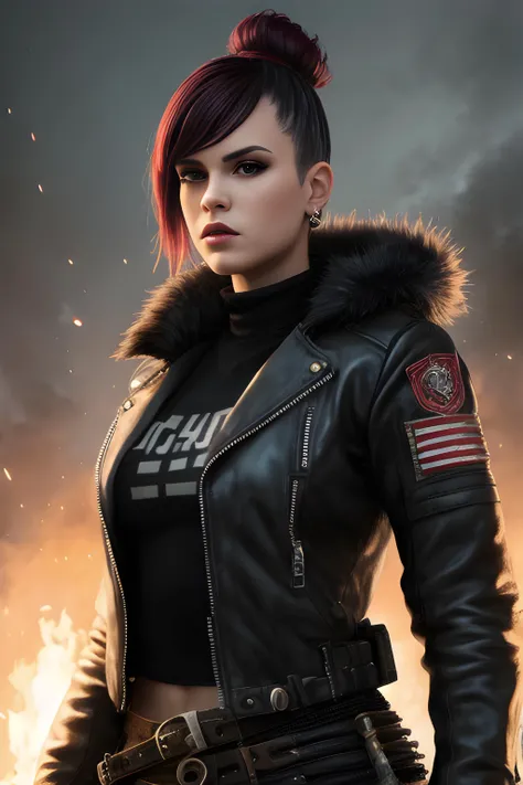 Cute punk girl, undercut, mad max jacket, renaissance, dangerous look, hyper realistic style, oil painting, fantasy by olga fedorova, beautiful, detailed portrait, cell shaded, 8k, concept art, by wlop, greg rutkowski, pixiv. cinematic dramatic atmosphere, sharp focus, volumetric lighting, cinematic lighting, studio quality