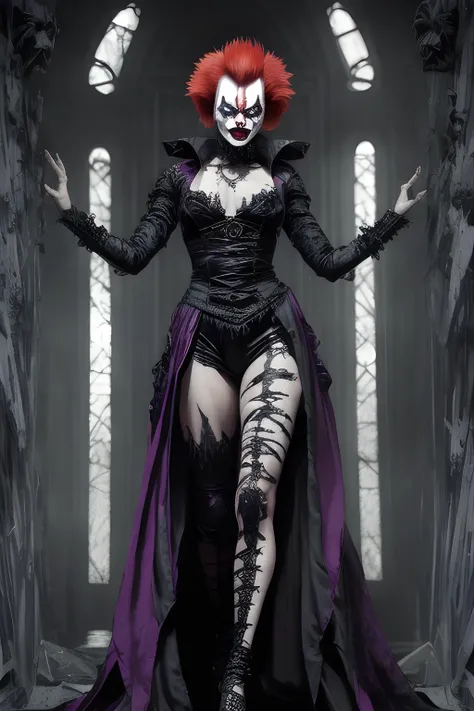 Full body, menacing pose, eerie atmosphere, dark and gothic setting, psycho clown character, sinister expression, exaggerated features, detailed face, detailed hands, twisted smile, haunting eyes, (macabre:1.2), (nightmarish:1.1), (creepy:1.1), (disturbing:1.1), (sinister:1.1), (haunting:1.1), (ominous:1.1), (gothic fashion:1.1), (detailed makeup:1.1), (expressive gestures:1.1), (contrasting colors:1.1), (mysterious aura:1.1), (dramatic lighting:1.1), (8k resolution), (masterpiece quality), by greg rutkowski and alphonse mucha