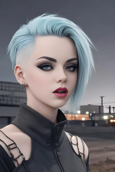 Portrait closeup of a sexy female punk with undercut hair colored style, beautiful and wild, in the background a factory area with a spiked fence ,photorealistic, ultra detailed, fairy lighting, bright colors, volumetric light rays, hdr, art by artgerm and alstefan kostic and david cronenberg, realistic, photorealistic, hyper realistic maximum detail, volumetric lighting, atmospheric cinematic epic concept art, realistic matte painting, hyper photorealistic, concept art, volumetric lighting, cinematic epic, octane render, 8 k, corona render, film concept art, octane render, cinematic composition, film concept art, cinematic composition, volumetric lighting, 8k