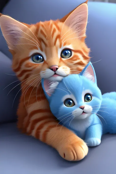 royal orange fur kitten, cuddled up with mom, photorealistic, ultra detailed, fairy lighting, bright colors, cozy, warm, heartwarming, pet, cat, realism, warm, adorable, gorgeous, intricate detailed character design, cute, beautiful, plushy, trending on artstation, movie concept art, cinematic composition, volumetric lighting, 8k