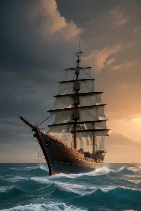 gothic dark style oil painting with heavy impasto brushstrokes depicting a classic ((wooden pirate ship)) at sea, complete with perfect sails billowing in the wind. The ship should be led by a rugged, weathered captain standing on the deck, brandishing a cutlass or spyglass. Incorporate vibrant colors like deep blues and greens for the ocean and rich browns and reds for the ship's wood grain. Consider adding elements such as seagulls circling overhead, crashing waves, or distant islands to enhance the scene's realism and atmosphere. High fidelity, ultra realistic, highly detailed, trending on art station, photorealistic, octane render, 8k, dark mood, full focus, closeup