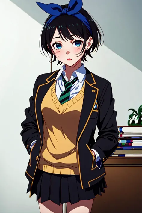1girl, solo, <lora:Sarashina Ruka_V1-000005:0.8>, Sarashina Ruka, black hair, blue hairband, hair blue ribbon, short hair, blue eyes, school uniform, black pleated skirt, black jacket, green striped necktie, long sleeves, sweater vest, (masterpiece:1.2), highres, best quality, 8k, very clear,