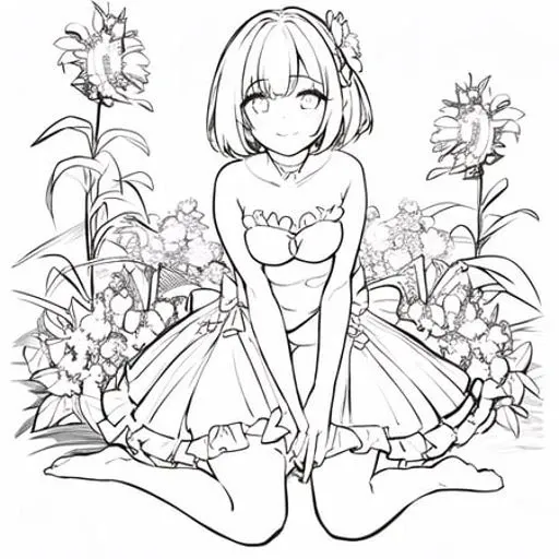 <lora:animeLineartStyle_v20Offset:1:ALL>, solo,1girl, full body, kneel bentover, medium breasts, cleavage, spread legs, cover, ((bob_cut)) , black and white, monochrome, masterpiece,highres, absurdres, best quality, (white background) ,waving hand, v, light smile,bare thigh ,one-piece swimsuit,strapless, galaxy eyes,long_hair, looking_at_viewer, bangs, skirt, dress, bow, holding, closed_mouth, flower, frills, hair_flower, petals, bouquet, holding_flower, center_frills, bonnet, holding_bouquet, lineart,<lora:csb5_reg:1:OUT9>, <lora:csb5_reg:1:OUTK>, <lora:csb5_reg:1:OUT10>,