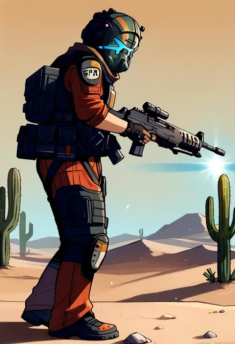 score_9, score_8_up, score_7_up, source_anime BREAK 1boy, solo, male focus, <lora:jackcooper-tif-richy-v1_pdxl:1> jackcooper, helmet, scarf, orange jumpsuit, bulletproof vest, tactical clothes, armor, fingerless gloves, standing, aiming, holding gun, rifle, machine gun, assault rifle, from side, knee pads, desert, looking to the side, science fiction, dark, darkness, night, night sky, cactus