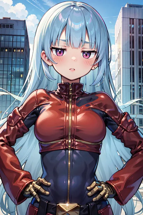 masterpiece, best quality, ultra-detailed, extremely detailed,illustration, 1girl, solo, kula diamond, medium breasts, hands on hips, looking at viewer, blush, parted lips, upper body, city, blue sky, <lora:kula:0.8> <lora:hotarueye_jitome17_v100:0.5>