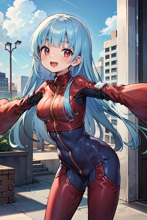 (Anime works, Anime Style, Studio Anime, Very detailed, up to date, Vibrant, Anime Coloring Book, High Contrast, masterpiece:1.2, Highest quality, Best aesthetics), Bungee suit that shows off your body lines、High Knee Socks, Big Breasts, I can see a glimpse of my thighs, Blue Hair, Straight Long Hair, Asymmetrical bangs, Perfect proportions, Skin with attention to detail, cute, Detailed face, Low angle shot:1.2, (Accurate fingertips, Browse 4, Thumb 1),cherry blossoms、The wind is blowing、smile、White teeth are visible