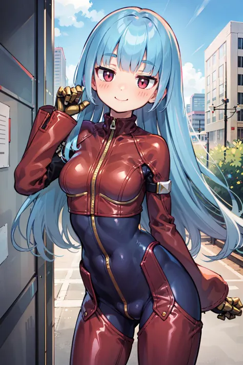 masterpiece, best quality, ultra-detailed, extremely detailed,illustration, 1girl, solo, kula diamond, medium breasts, looking at viewer, blush, smile, cowboy shot, city, blue sky, <lora:kula:0.8> <lora:hotarueye_jitome17_v100:0.5>