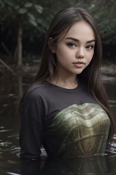 photo of S155_LiMoon, a beautiful woman, in a (swamp-river:1.2), wearing a (long-sleeved t-shirt:1.2), (8k, RAW photo, best quality, depth of field, ultra high res:1.2), (absurdres, intricate, photorealistic, masterpiece, ultra-detailed:1.3)
