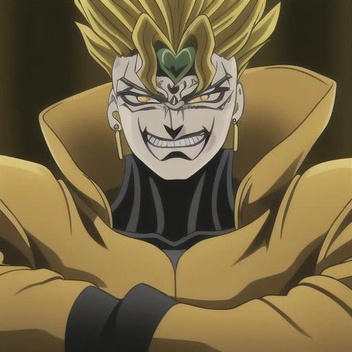 evil smile, stand (jojo), evil grin, blonde hair, earrings, makeup, male focus, crossed arms, yellow jacket