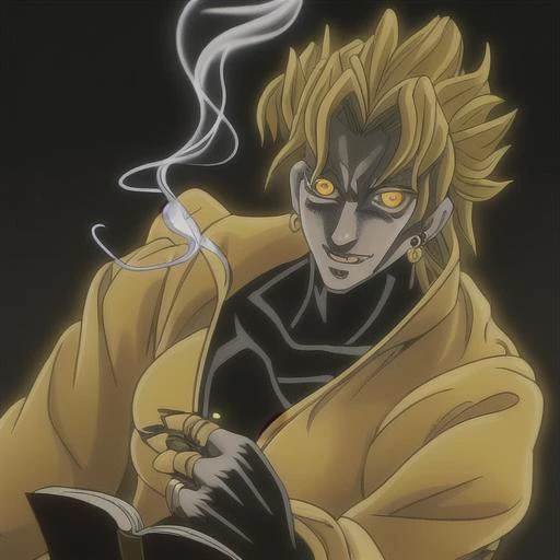 reading, heart, clenched hand, vampire, yellow jacket, smoke, jewelry, earrings, glowing eyes