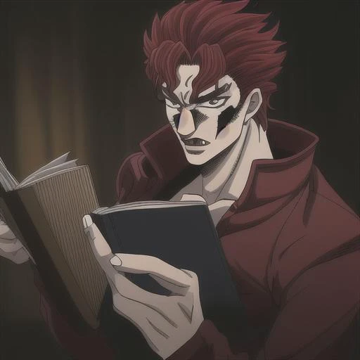 1boy, parody, birthmark, red hair, muscular male, jacket, vampire, book, araki hirohiko (style)