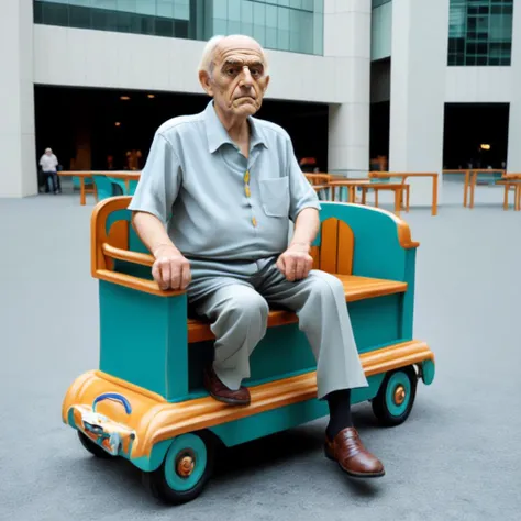 <lora:pandacar_v3:0.5>, (old man:1.1), sit astride, attraction, ground vehicle, handle, realistic, chair_car,