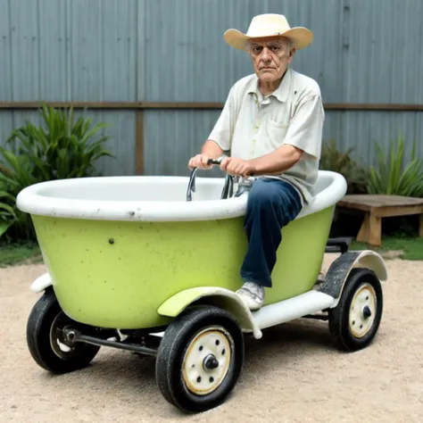 <lora:pandacar_v3:0.5>, (old man:1.1), sit astride, attraction, ground vehicle, handle, realistic, bathtub_car,