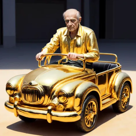 <lora:pandacar_v3:0.5>, (old man:1.1), sit astride, attraction, ground vehicle, handle, realistic, golden_fake_gold_car,