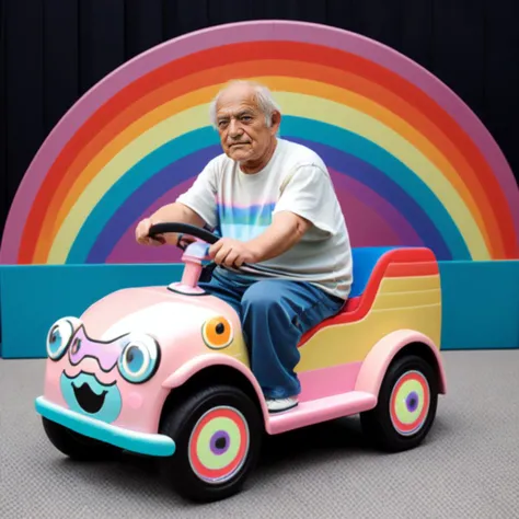 <lora:pandacar_v3:0.5>, (old man:1.1), sit astride, attraction, ground vehicle, handle, realistic, rainbow_nyan_cat_car,