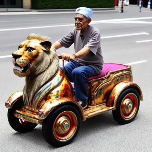 <lora:pandacar_v1:0.5>, (old man:1.1), sit astride, attraction, ground vehicle, handle, realistic, wheel, car, lion_car