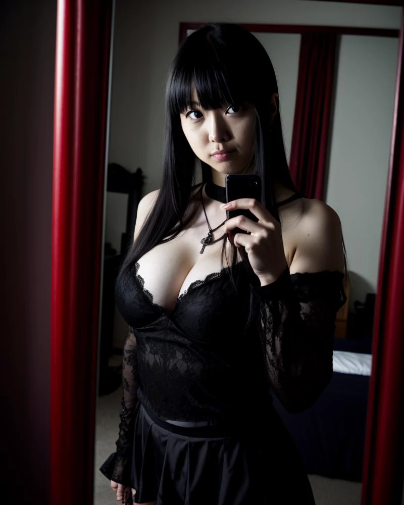 photo of a real life misa amane, bedroom mirror selfie
highly detailed realistic, sharp focus