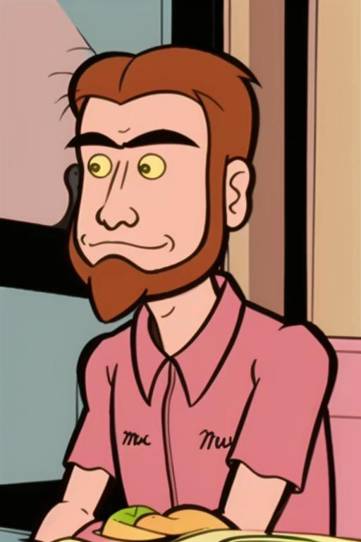 <lora:Mission Hill - Jim Kuback - 1999:1> mh_jim, 1boy, unibrow, red_hair, red_beard, pink_buttondown_shirt, mac_shirt, jeans, yellow sclera,, fcPortrait_Force_Portrait, portrait, close up, looking at viewer, portrait, close up,<lora:LCM_Mini_SD15_6MB:1>