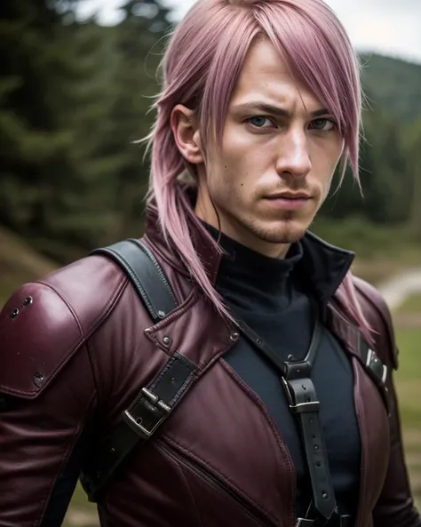 a close up of a person with pink hair wearing a leather jacket