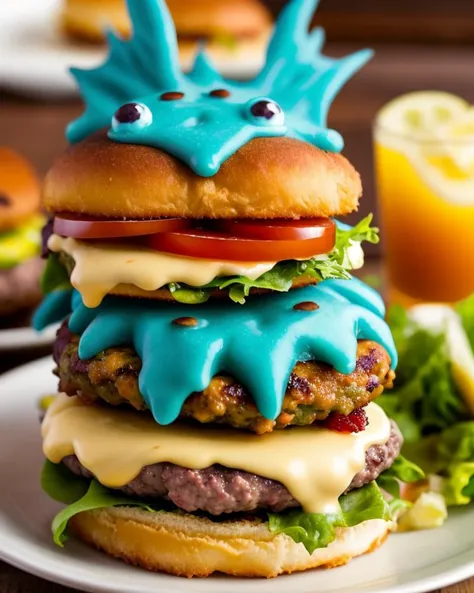 a close up of a hamburger with blue icing on it