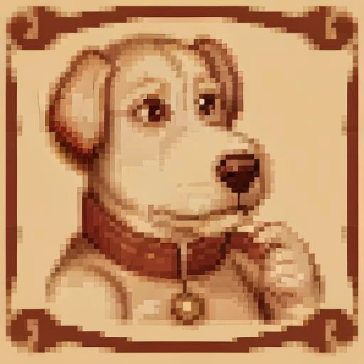 <lora:SNES Lord of the Rings Portraits - V1-000010:.5> snes_lotr_portrait, sepia tone, parchment_border, pixels, portrait, <lora:Brian_Griffin1-1:0.5> brian griffin, solo, no humans, simple background, dog, standing, bell, animal focus, red collar, indoors, looking at viewer, drinking glass, neck bell