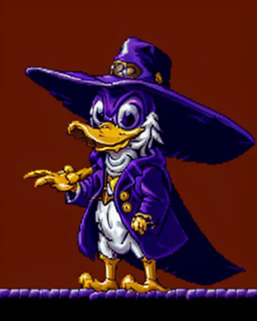 highest quality, highest quality visuals, highest details,, <lora:SNES Demons Crest Style - V4-000006:0.75> Demon's_Crest_Style, SNES, pixel_art, gothic aesthetics, <lora:darkwing_duck:0.25> drwd, a cartoon duck dressed in a purple coat and hat,